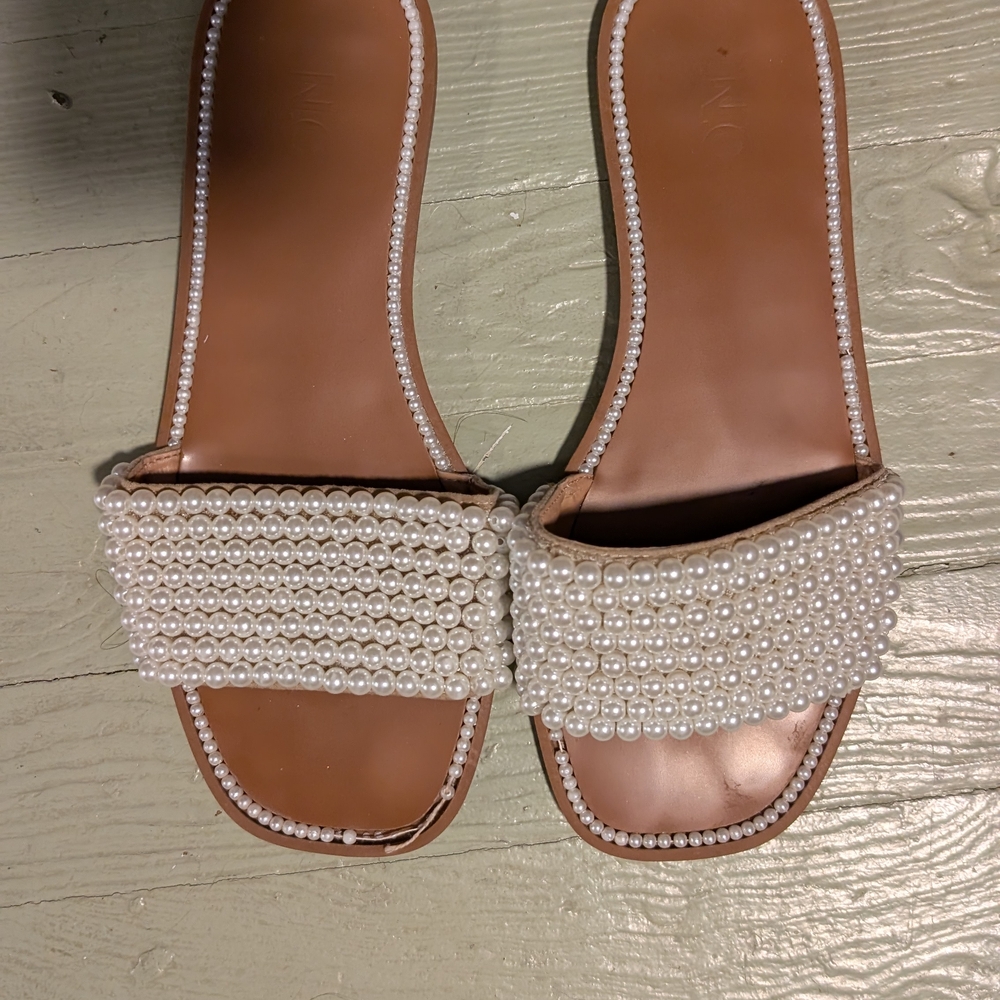 INC International Concepts Pearl Embellished Sandals - Brown and White